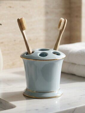Ceramic Baby Blue With Gold Rim Toothbrush Holder
